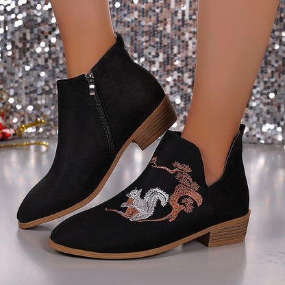 Squirrel Pine Tree Pattern Embroidery Low Block Heels Ankle Boots