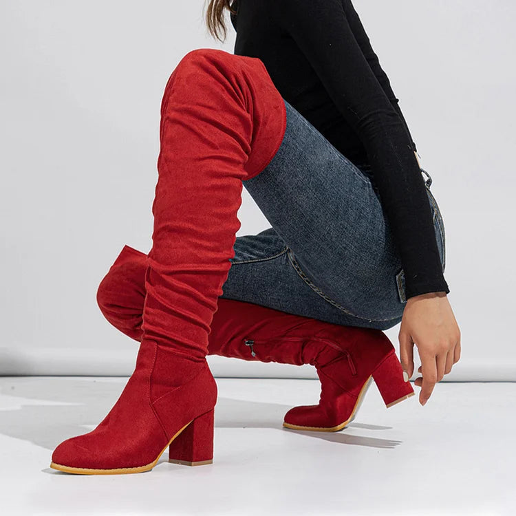 Patchwork Solid Plain Round Toe Chunky Heel Over The Knee Boots