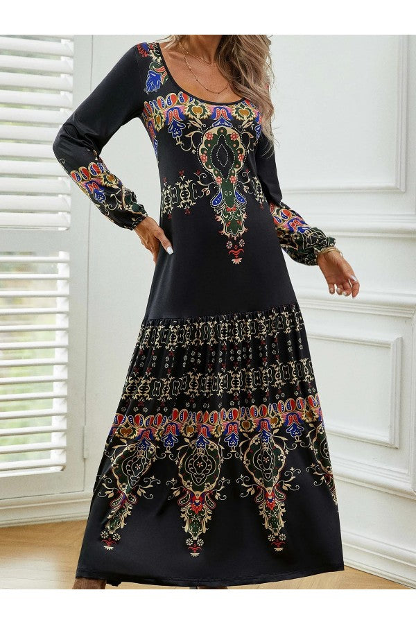 Ethnic Vintage Casual Crew Neck Long Sleeve Lightweight H-line Daily Maxi Dress