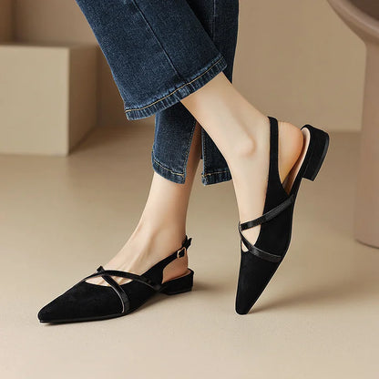 Faux Suede Pointy Toe Cross Strap Slingback Casual Flats