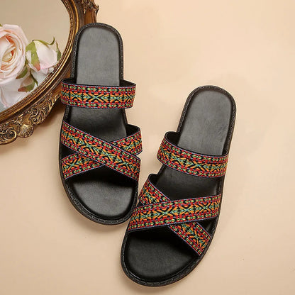 Retro Ethnic Pattern Cross Strap Round Toe Slippers