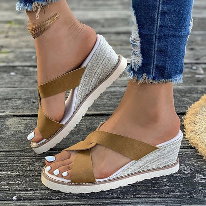 Casual Cross Strap Peep Toe Plain Espadrille Wedge Slippers