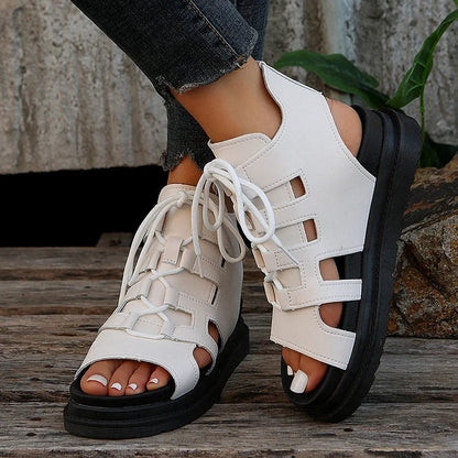 Casual Hollowed Lace Up Peep Toe Muffin Sandals