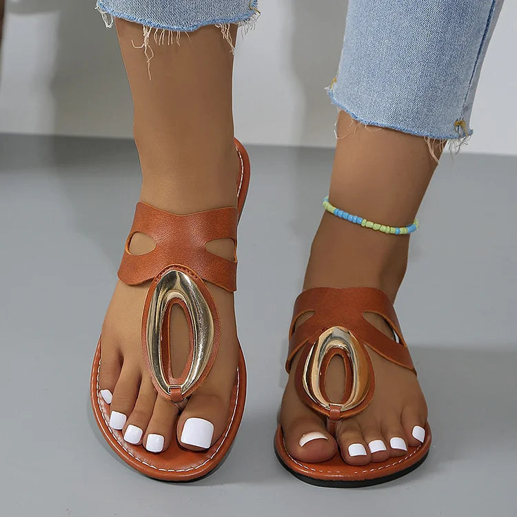 Cut Out Metal Ring Decor Stitch Detail Flip Flops Casual Slippers