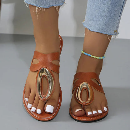 Cut Out Metal Ring Decor Stitch Detail Flip Flops Casual Slippers