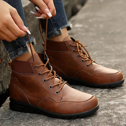 Patchwork Solid Color Round Toe Lace Up Martin Boots