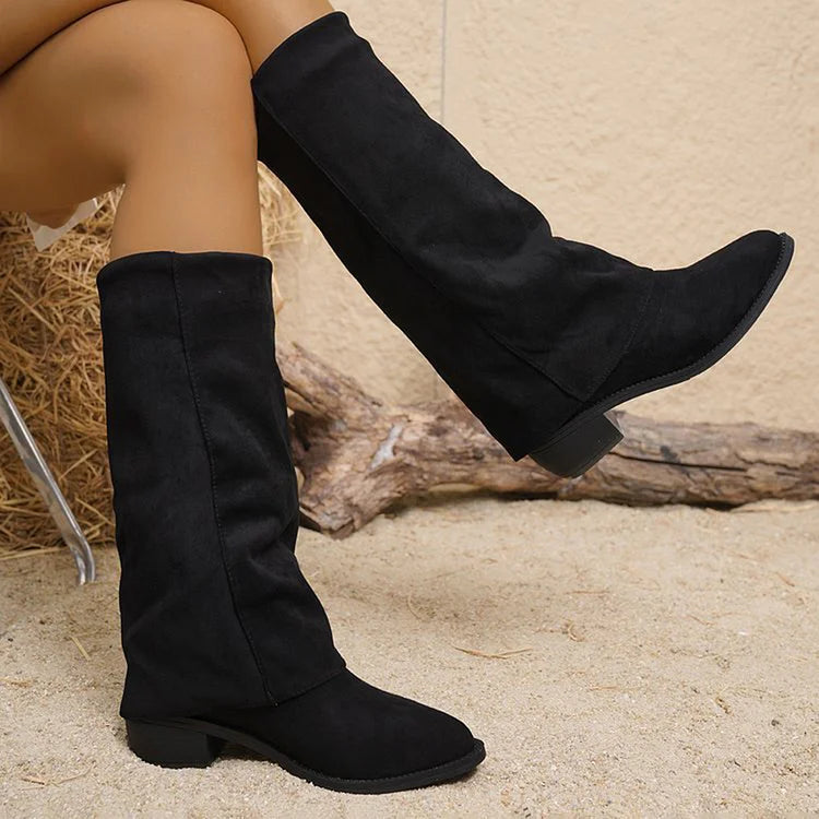 Solid Color Fold Over Chunky Heel Pointed Toe Mid Calf Boots