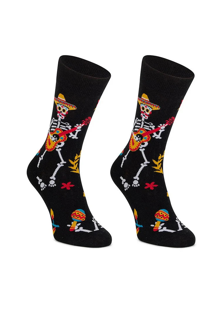 Halloween Multicolor Skeleton Skull Floral Pattern Mid Calf Socks