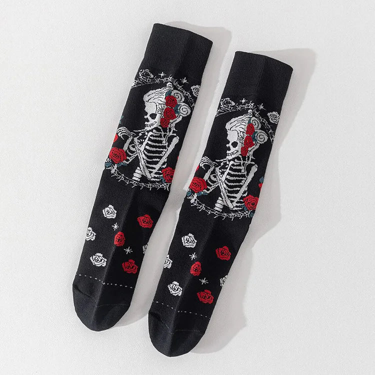 Halloween Long Hair Skeleton Rose Floral Print Mid Calf Socks