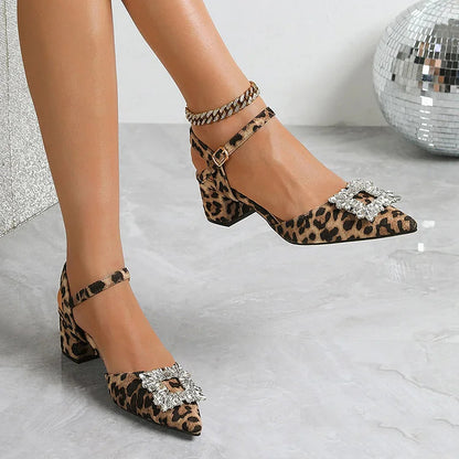 Leopard Print Rhinestone Decor Pointy Toe Ankle Strap Chunky Heels