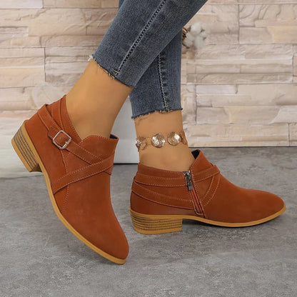 Crossover Strap Buckle Decor Round Toe Zipper Ankle Boots