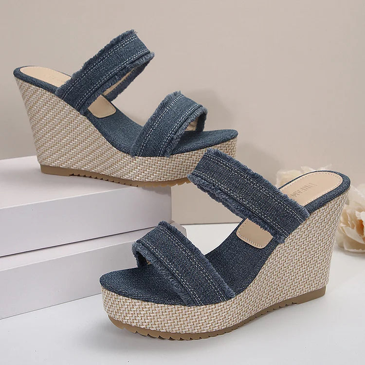 Tassels Trim Peep Toe Denim Platform Wedge Slippers