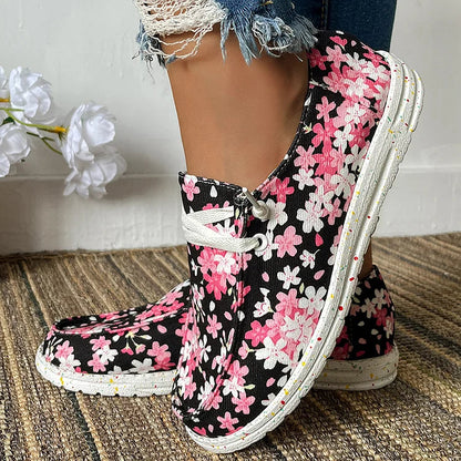 Colorblock Floral Print Round Toe Lace Up Canvas Sneakers