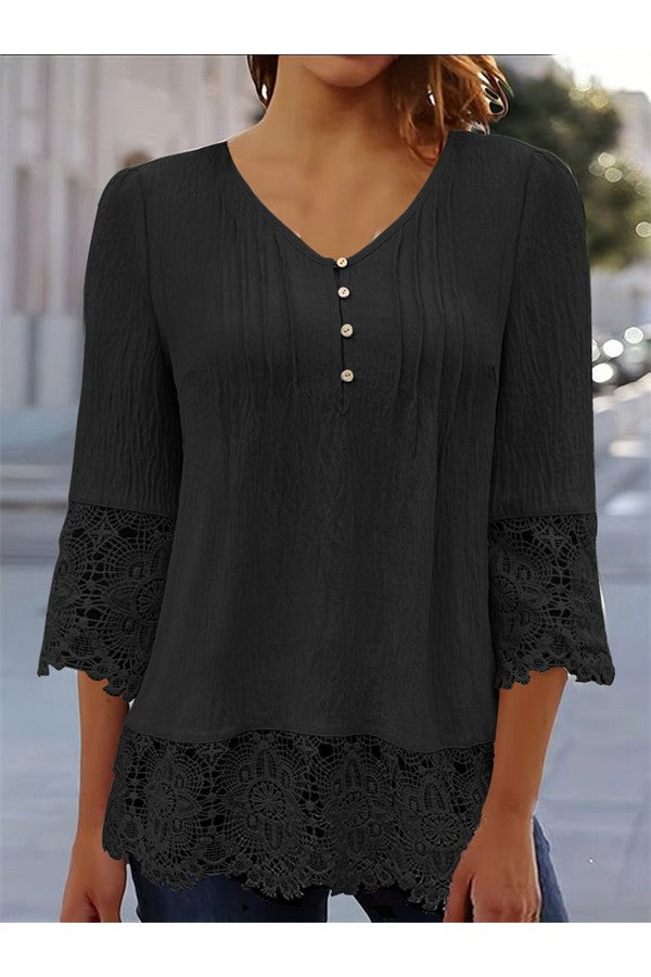 V-neck Plain Lace 3/4 Sleeve Loose Blouse