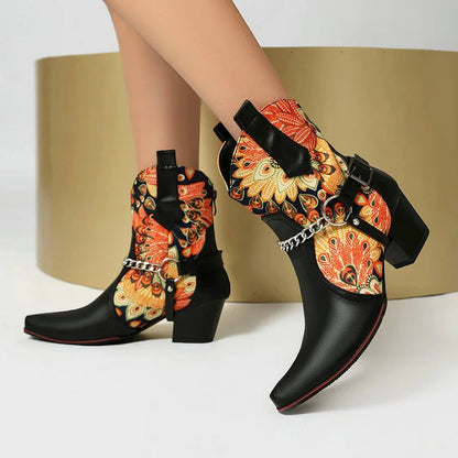 Floral Print Patchwork Chain Decor Pointed Toe Chunky Heel Ankle Boots