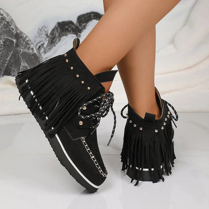 Fringed Trim Metal Rivets Stitch Detail Round Toe Lace Up Ankle Boots