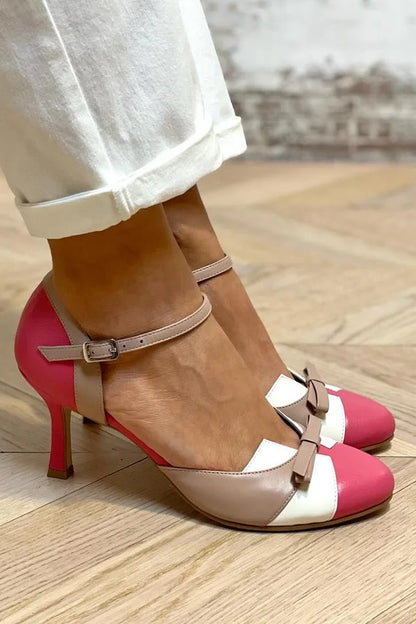 Colorblock Bow Patchwork Round Toe Fuchsia Stiletto Heels
