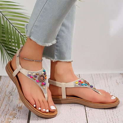 Boho Colourful Beads Rhinestone Flip Flops Elastic Band Sandals