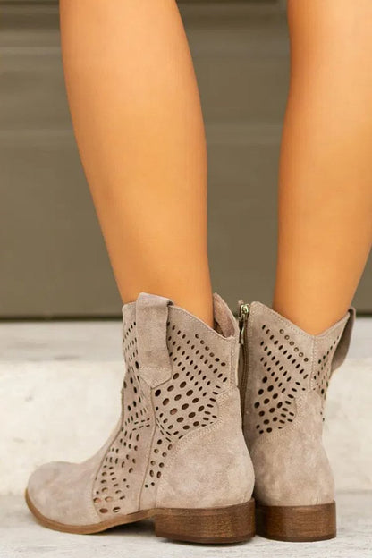 Patchwork Hollow Out Round Toe Taupe Ankle Boots