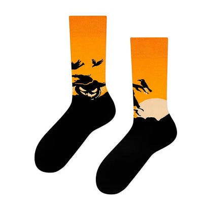 Halloween Haunted House Pumpkin Skull Sunset Crow Print Mid Calf Socks