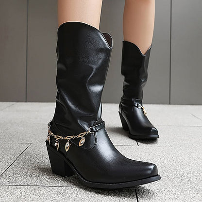 Metal Chain Decor Patchwork Square Toe Chunky Heel Mid Calf Boots