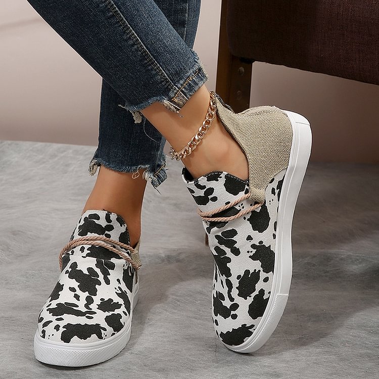 Cow Print Patchwork Round Toe Casual Flat Sneakers