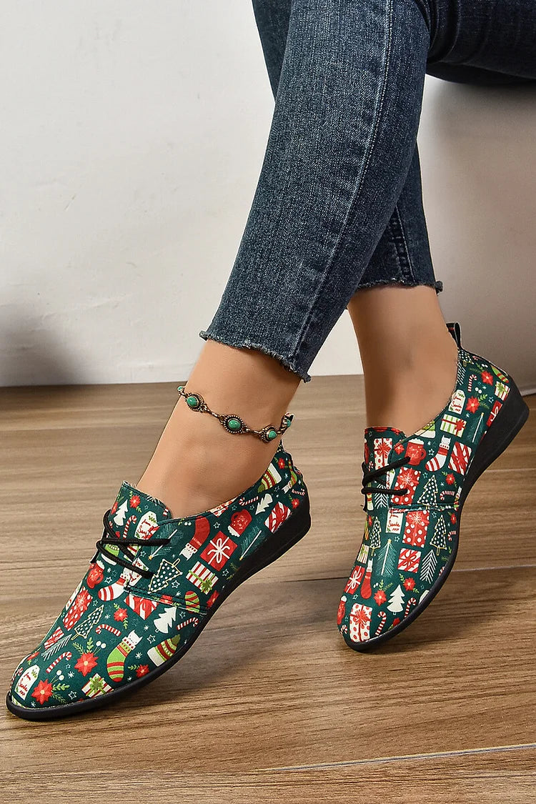 Christmas Trees Gifts Print Round Toe Lace Up Casual Shoes