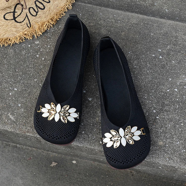 Metal Rhinestone Flower Decor Round Toe Low-Top Breathable Flats