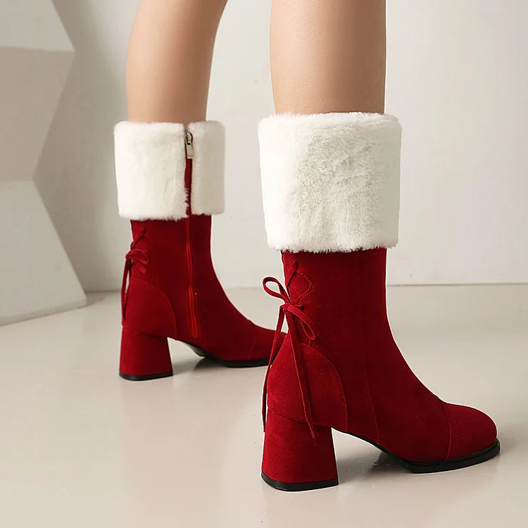 Christmas Colorblock Fluffy Trim Lace Up Square Toe Chunky Heel Mid Boots