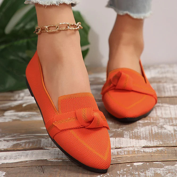 Color Matching Bow Knotted Pointy Toe Knit Flats