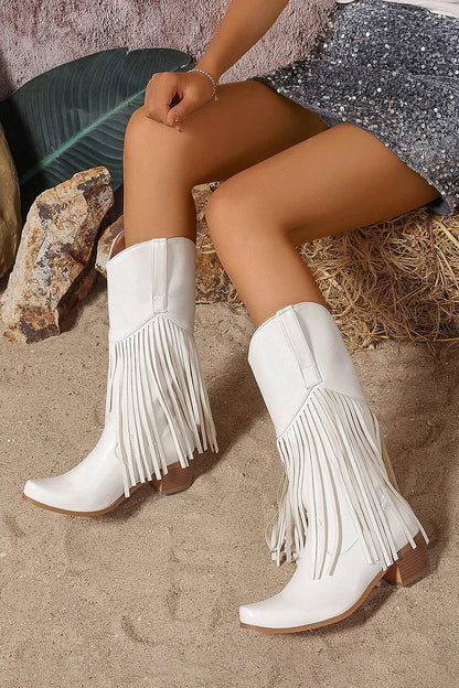 Fringed Trim Solid Color Pointed Toe Chunky Heel Mid Calf Boots