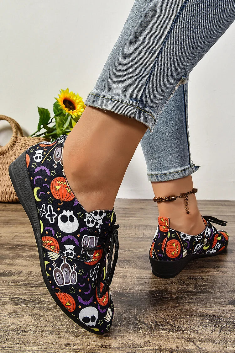 Halloween Ghost Pumpkin Print Round Toe Lace Up Casual Shoes