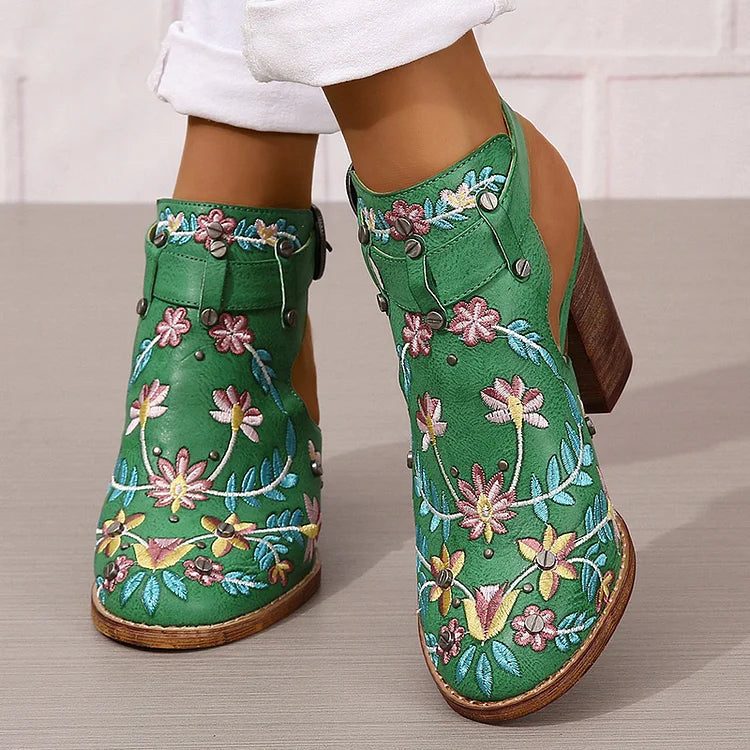 Floral Leaf Embroidery Round Toe Slingback Chunky Heels