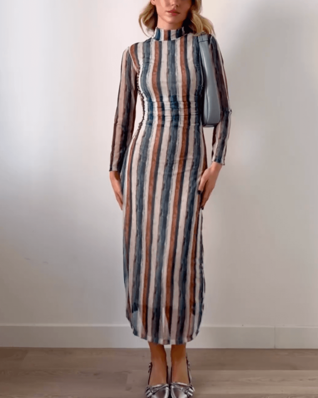 High Neck Long-sleeved Midi Dress