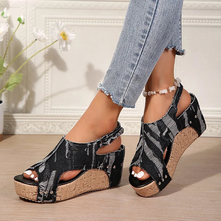 Denim Ripped Rivet Decor Cutout Slingback Strap Platform Wedge Sandals