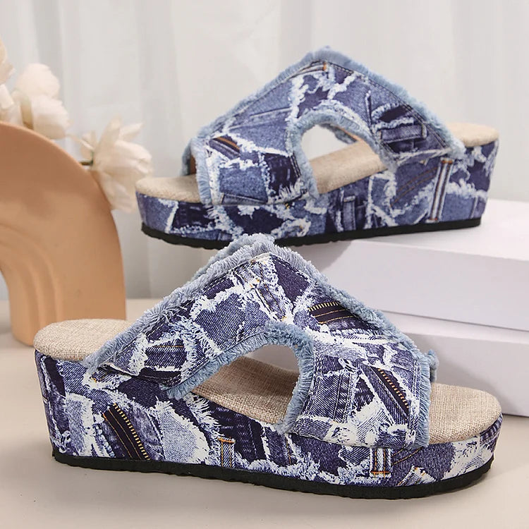 Raw Trim Patchwork Peep Toe Denim Cut Out Platform Wedge Slippers