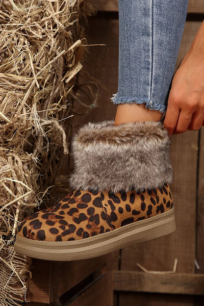 Leopard Print Faux Fur Trim Round Toe Casual Snow Boots