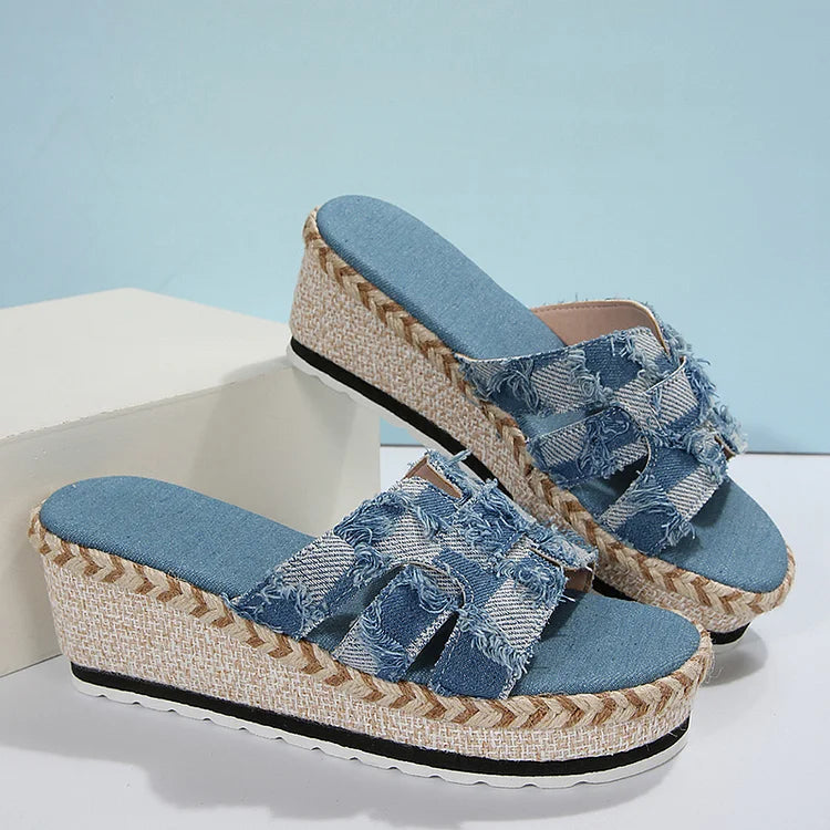 Patchwork Print Hollowed Peep Toe Denim Frayed Wedge Slippers