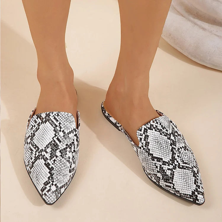 Casual Snakeskin Print Pointy Toe Slides Mules