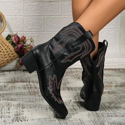 Embroidery Patchwork Pointed Toe Chunky Heel Mid Calf Boots