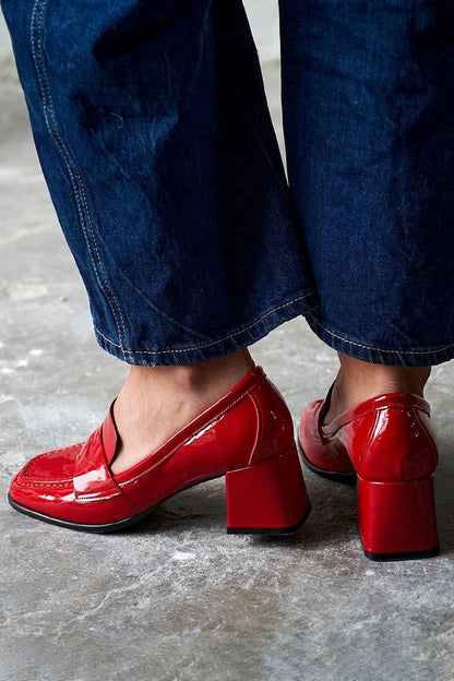 Solid Color Patchwork Square Toe Red Chunky Heels [Pre Order]