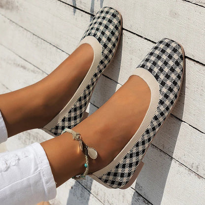 Casual Plaid Print Square Toe Slip On Lightweight Knit Flats