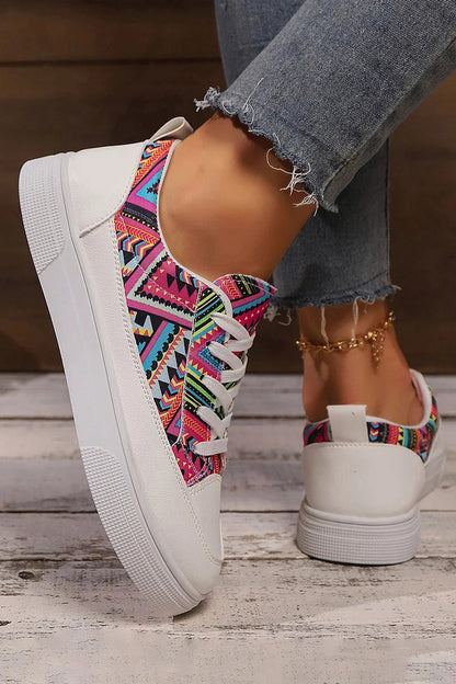 Multicolor Geometric Print Round Toe Canvas Lace Up Sneakers