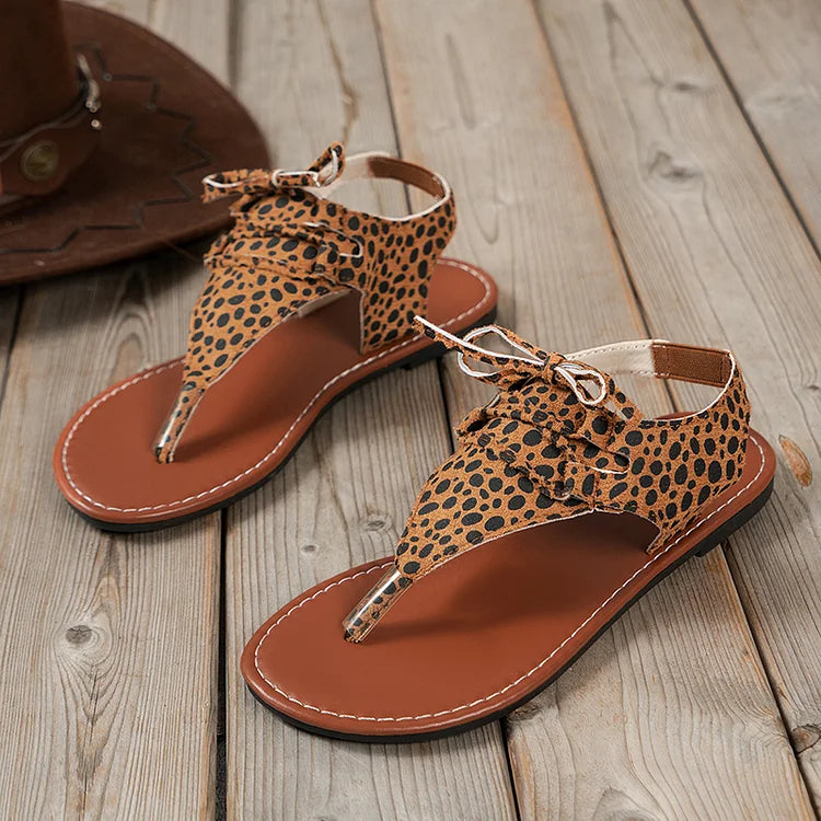 Leopard Print Bow Knotted Seam Slingback Flip Flops Sandals