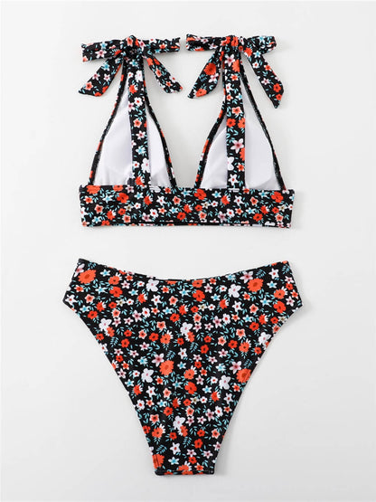 Sexy printed strap buttoned floral bikini set