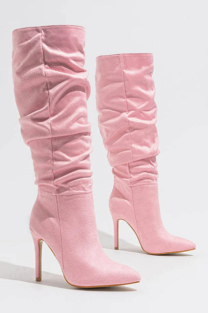 Solid Color Pointed Toe Stiletto Heel Pull On Slouch Knee High Boots