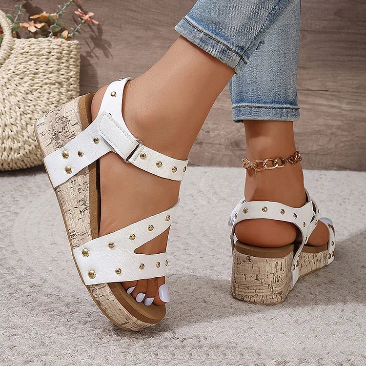 Rivet Decor Plain Cut Out Buckle Peep Toe Wedge Sandals