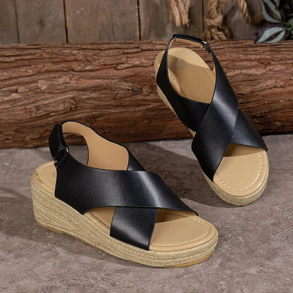 Cross Belt Espadrille Platform Peep Toe Magic Stick Closure Wedge Sandals