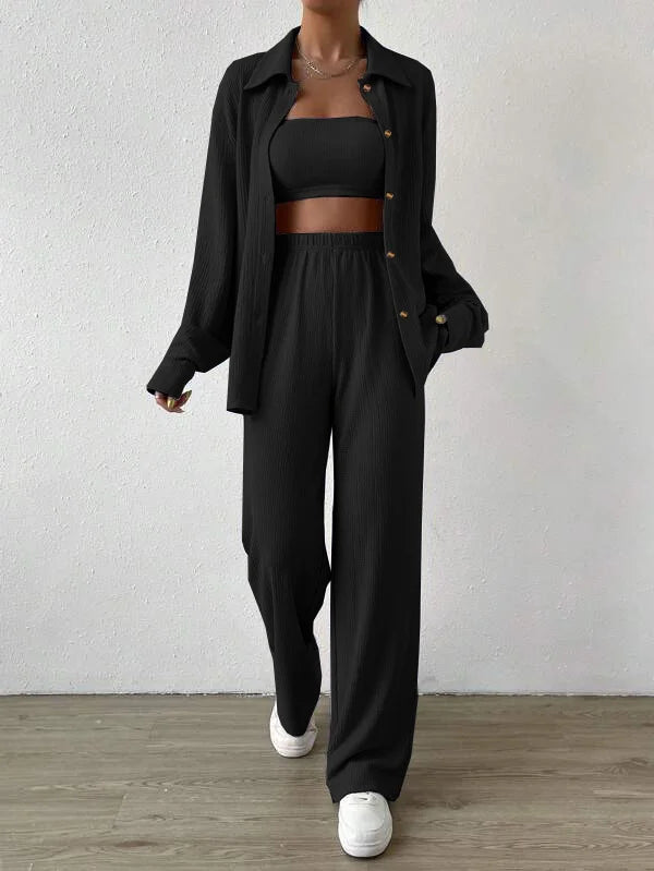 Solid Button Cardigan Laps Casual Two-Piece Set