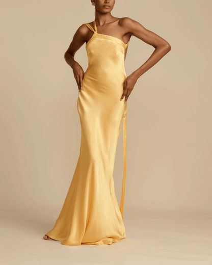 Elastic Waist Satin Drape Yellow Maxi Dress